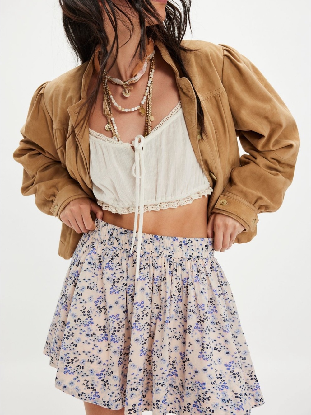 Free People Cream Floral Circle Mini Skirt and matching top with Blue Print